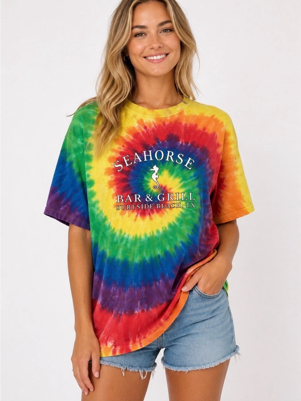 Seahorse Bar & Grill Surfside Beach TX Tie Dye T Shirt Rainbow Souvenir Adult